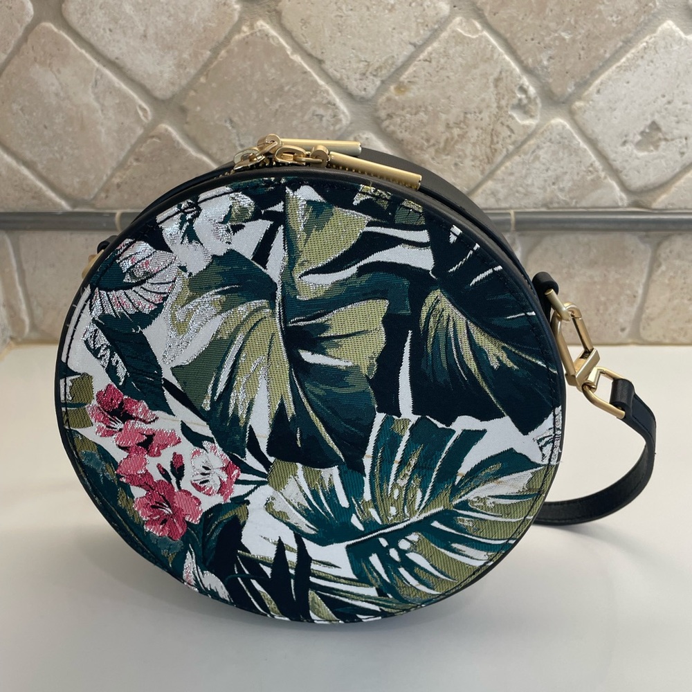 Floral and Black Round Bag with Gold Hardware by Flynn